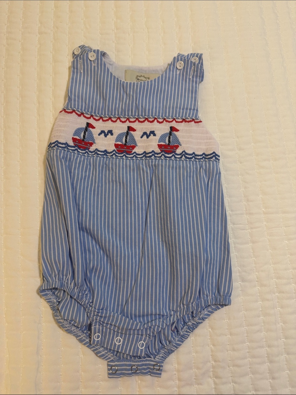Honeydew Intimates Blue and Red Smocked Sailboat Bubble Romper
